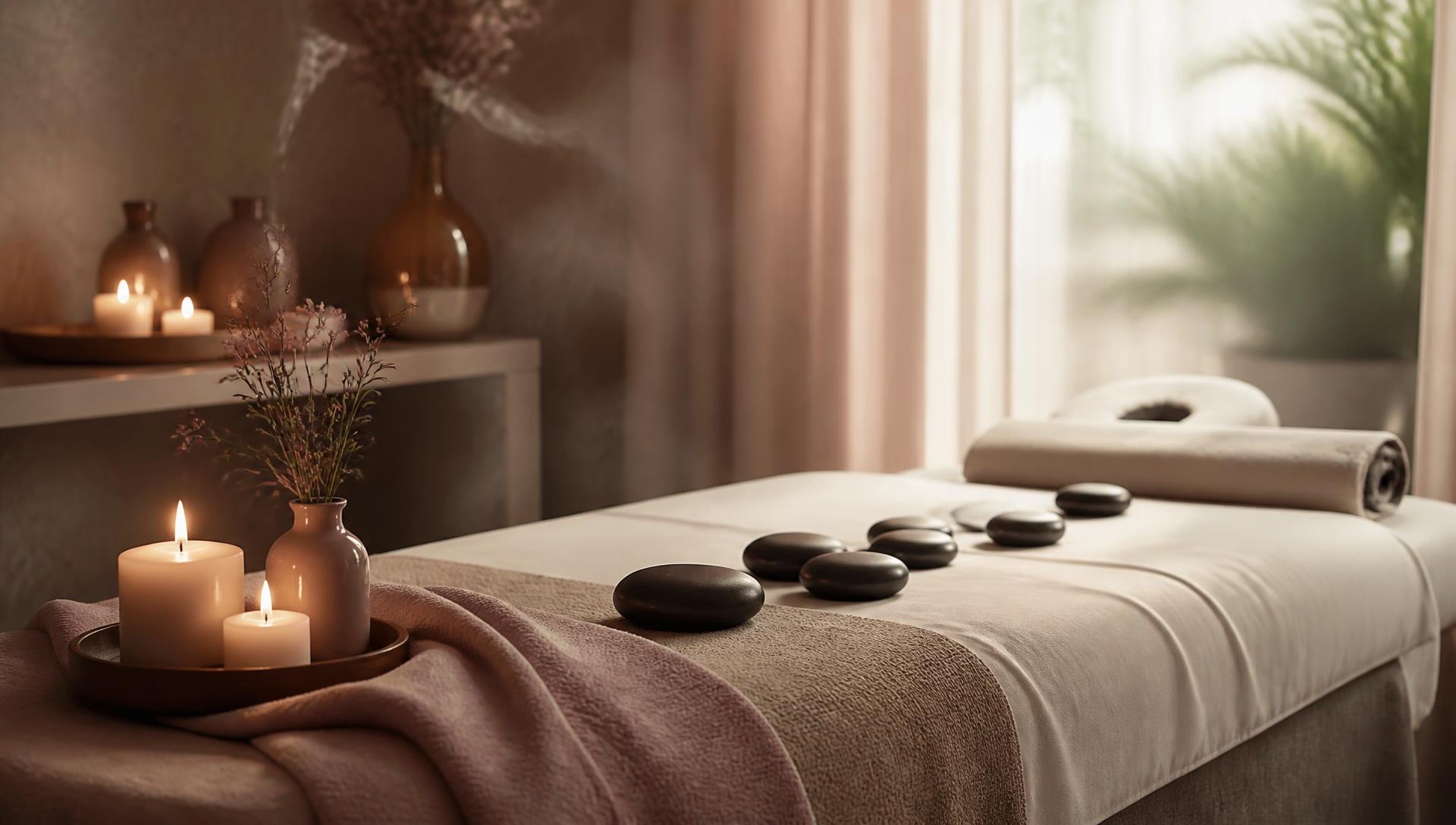 Warm candlelit treatment room with hot stones on soft linens
